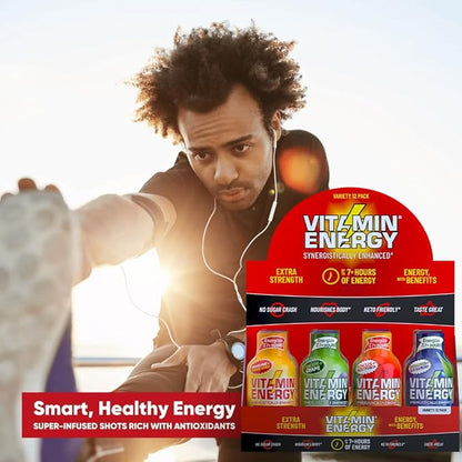 Vitamin Energy Extra Strength Daily Energy Shot – Variety Pack – 260mg Caffeine, B-Vitamins, Vitamin D, Rhodiola – Mood, Focus, Strength, Immunity – Zero Sugar, Vegan, Kosher – 1.93 fl oz, 12-Pack