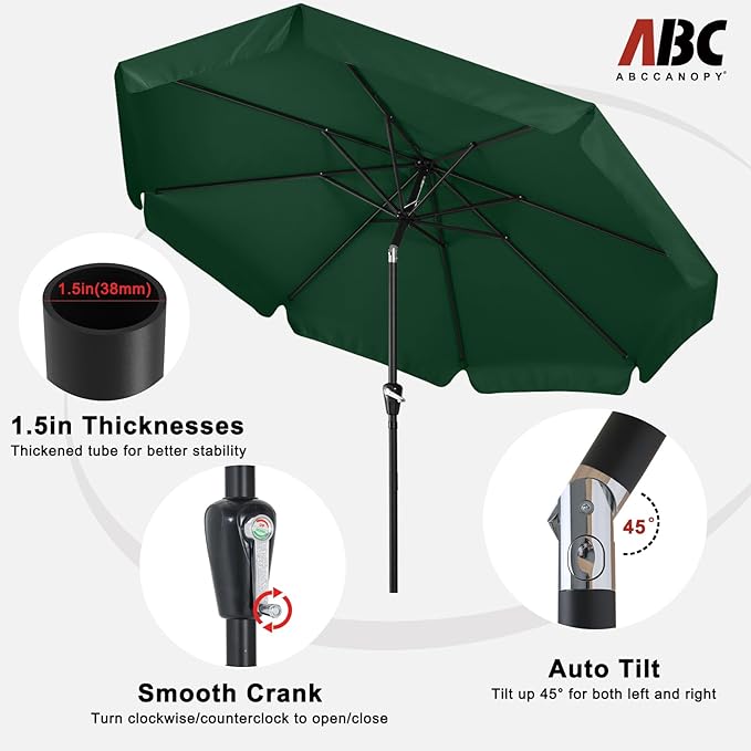 ABCCANOPY Patio Umbrella 10ft, Outdoor Table Umbrella with Push Button Tilt and Crank, 8 Ribs Umbrella for Patio Pool Garden Deck (Green)