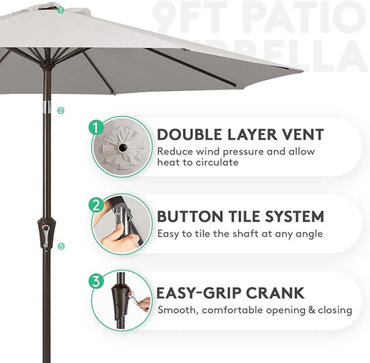 JEAREY 9FT Outdoor Patio Umbrella Outdoor Table Umbrella with Push Button Tilt and Crank, Market Umbrella 8 Sturdy Ribs UV Protection Waterproof for Garden, Deck, Backyard, Pool (Fog Gray)