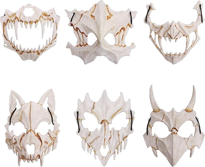 6 Pcs Japanese Half Mask Halloween Skeleton Masks, Half Face Animal Skull Tiger Mask Scary Ye Yaksha Dragon God Tengu Japanese Halloween Cosplay Decorative