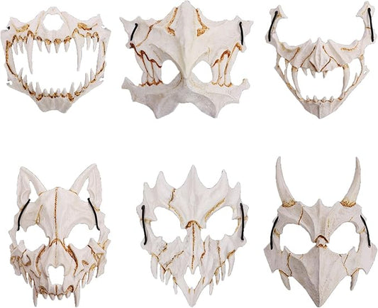 6 Pcs Japanese Half Mask Halloween Skeleton Masks, Half Face Animal Skull Tiger Mask Scary Ye Yaksha Dragon God Tengu Japanese Halloween Cosplay Decorative