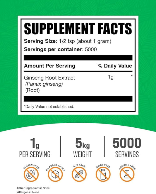 BulkSupplements.com Ginseng Root Extract Powder - Panax Ginseng Supplement, Herbal Supplement - Vegan & Gluten Free, 1g per Serving, 1kg (Pack of 5) (11 lbs)