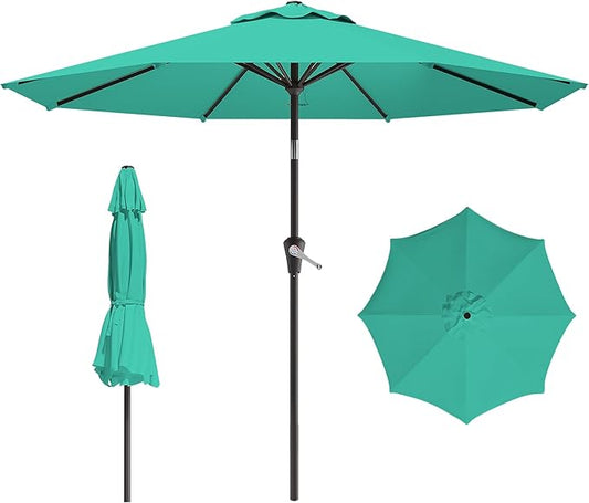 9 FT Patio Umbrella for Outdoor, Outdoor Umbrella with Push Button Tilt and Crank, Outdoor Patio Umbrellas with 8 Sturdy Ribs for Market, Garden, Deck, Backyard, Pool (Cerulean)