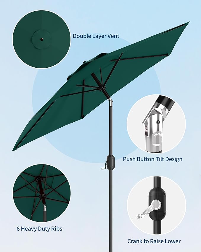 7.5FT Patio Umbrella Outdoor, Market Umbrella, Table Umbrella with Push Button Tilt and Crank, 6 Sturdy Ribs UV Protection Waterproof for Garden, Pool, Deck, Backyard (Dark Green)