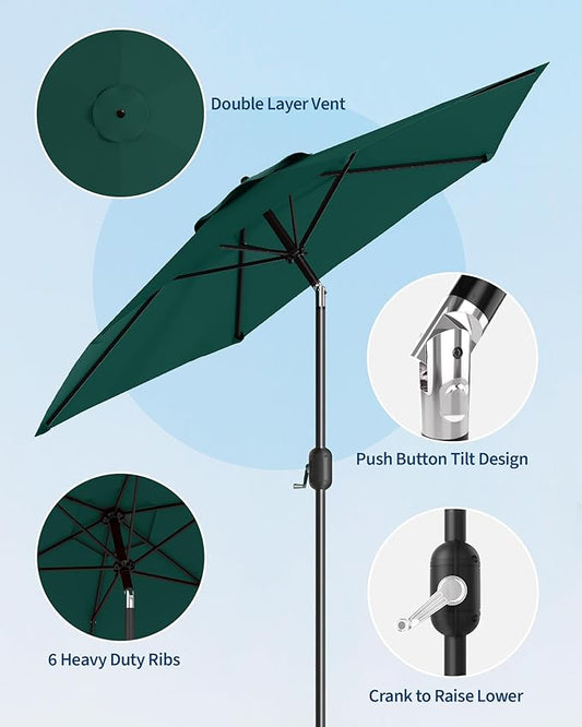 7.5FT Patio Umbrella Outdoor, Market Umbrella, Table Umbrella with Push Button Tilt and Crank, 6 Sturdy Ribs UV Protection Waterproof for Garden, Pool, Deck, Backyard (Dark Green)
