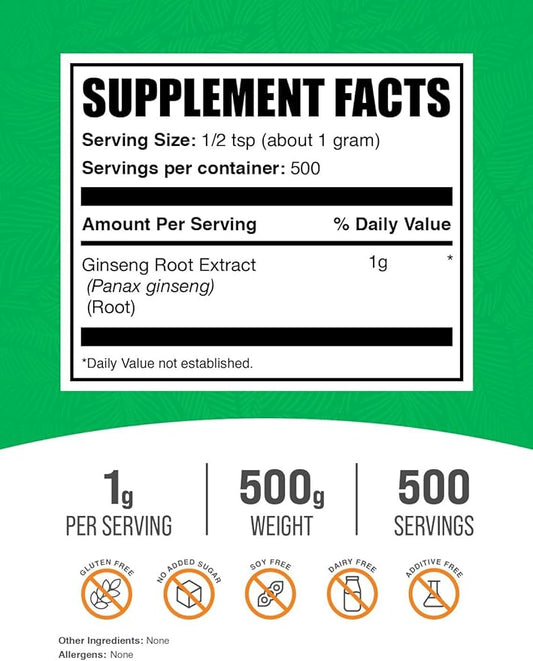 BulkSupplements.com Ginseng Root Extract Powder - Panax Ginseng Supplement, Herbal Supplement - Vegan & Gluten Free, 1g per Serving, 500g (1.1 lbs) (Pack of 1)
