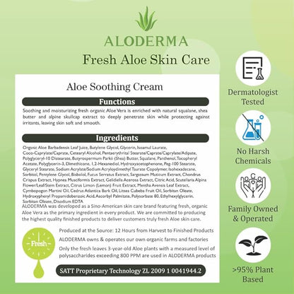 Aloderma Soothing Face Cream Made with 75% Organic Aloe Vera - Calming Facial Cream with Squalane & Vitamin E for Dry, Sensitive Skin - Reduces Redness, Helps Protect Damaged Skin, 50g/1.76oz
