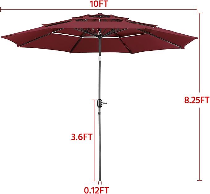 Yaheetech 3 Tier Patio Umbrella 10ft Vented Outdoor Large Market Table Umbrella with 8 Sturdy Ribs & 1.5" Umbrellla Pole, Double-layer Cloth & Push-button Tilting & Crank for Pool/Garden/Lawn Burgundy