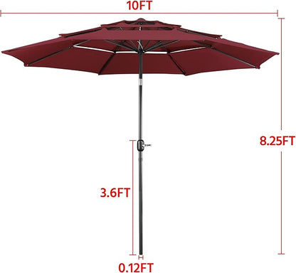 Yaheetech 3 Tier Patio Umbrella 10ft Vented Outdoor Large Market Table Umbrella with 8 Sturdy Ribs & 1.5" Umbrellla Pole, Double-layer Cloth & Push-button Tilting & Crank for Pool/Garden/Lawn Burgundy