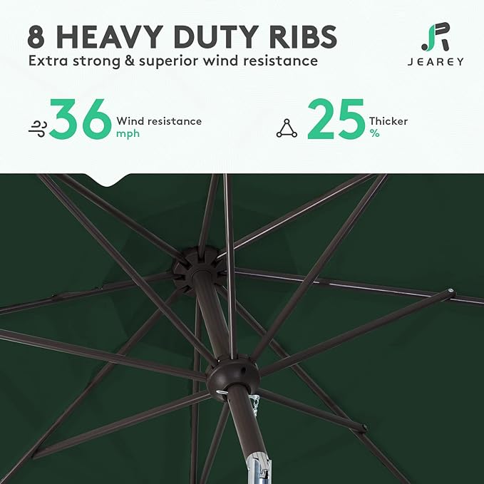 JEAREY 9FT Outdoor Patio Umbrella Outdoor Table Umbrella with Push Button Tilt and Crank, Market Umbrella 8 Sturdy Ribs UV Protection Waterproof for Garden, Deck, Backyard, Pool (Dark Green)