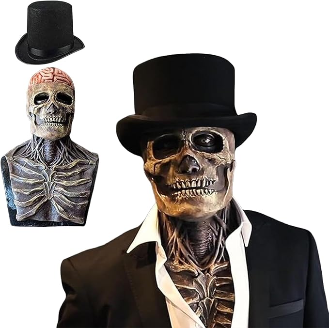 Halloween Skull Mask，Scary Full Head Skeleton Headgear，Realistic Cosplay Latex Horror Creepy Biochemical Mask for Adults Costume Party