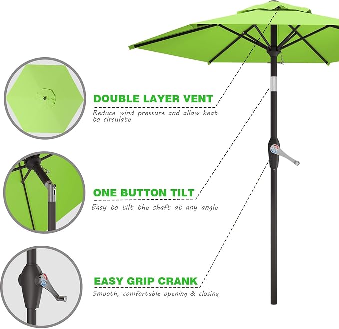 7.5FT Patio Umbrella Table Market Umbrella w/Tilt and Crank Heavy-Duty Round Outdoor Umbrellas for Garden, Deck, Backyard, Pool and Beach, Apple Green
