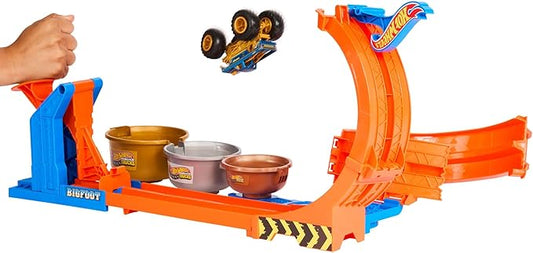 Hot Wheels Monster Trucks Toy Truck & Track Set, Loop-and-Flip Trophy Challenge Playset & 1:64 Scale 50th Anniversary Die-Cast Bigfoot, 2 Ways to Play