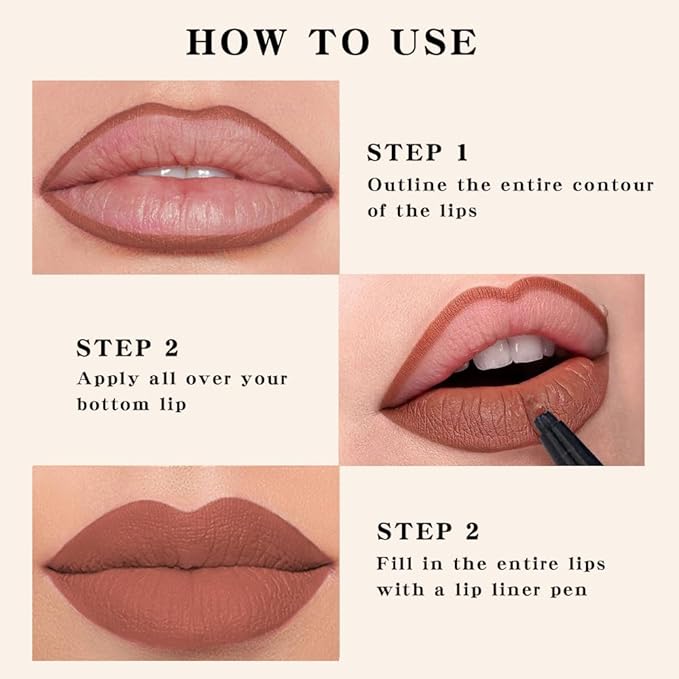 2Pcs Longwear Liquid Lip Liner Stain Marker Pen Set Long Lasting Waterproof, Mocha Light Nude Brown Matte Permanent 24 Hour Lip Liner and Lipstick Combo Color Stay Lipliner All Day Lip Stains peel off