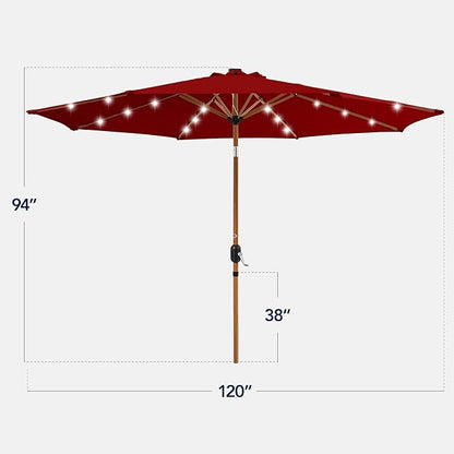 Best Choice Products 10ft Solar Market Patio Umbrella w/Woodgrain Pattern Pole, LED Lights, Tilt & Crank – Outdoor Sun Shade for Backyard Table, Deck, Poolside – Red