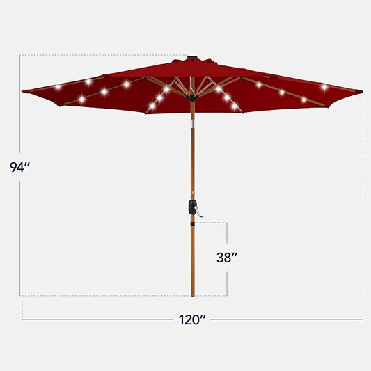 Best Choice Products 10ft Solar Market Patio Umbrella w/Woodgrain Pattern Pole, LED Lights, Tilt & Crank – Outdoor Sun Shade for Backyard Table, Deck, Poolside – Red