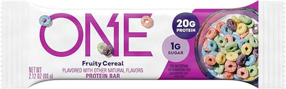 ONE Protein Bars, Fruity Cereal, Gluten Free with 20g Protein and 1g Sugar, Pantry Staples, 2.12 oz (12 Count), Packaging May Vary