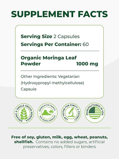 PURA VIDA MORINGA Capsules Single Origin Moringa Powder Organic. Moringa Leaf. Energy, Metabolism, & Immune Support. 120ct. 500mg Caps.