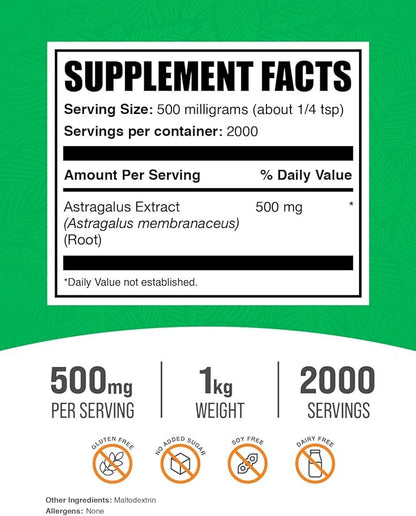 BulkSupplements.com Astragalus Extract Powder - from Astragalus Root, Astragalus Supplement - Vegan & Gluten Free, Astragalus Powder - 500mg per Serving, 1kg (2.2 lbs) (Pack of 1)