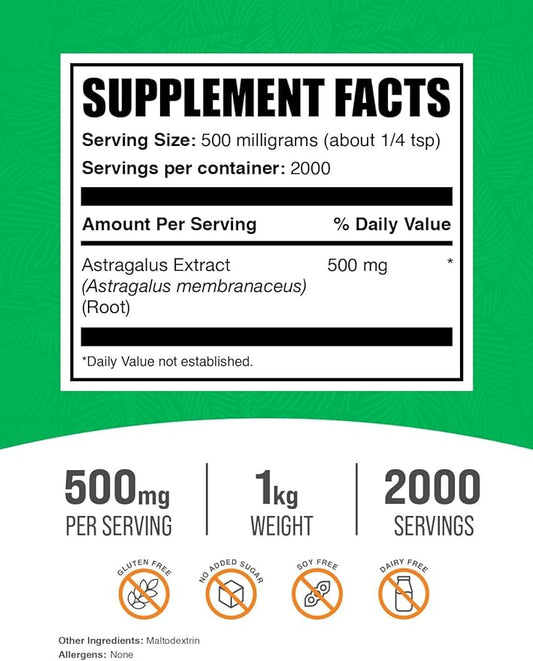 BulkSupplements.com Astragalus Extract Powder - from Astragalus Root, Astragalus Supplement - Vegan & Gluten Free, Astragalus Powder - 500mg per Serving, 1kg (2.2 lbs) (Pack of 1)