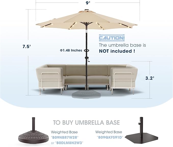 wikiwiki 9ft Solar Led Patio Umbrella, Sturdy Outdoor Market Umbrella for Deck, Pool, Garden w/Tilt, Crank, 32 LED Lights, Beige