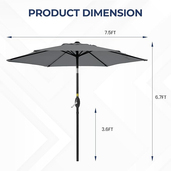 SUNVIVI OUTDOOR 7.5' Outdoor Patio Umbrella, Patio Umbrella, Market Umbrella, Metal Pole Umbrella with Push Button Tilt and Crank, 6 Ribs, Polyester Canopy
