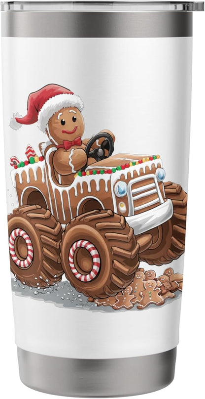 Funny Monster Truck Gingerbread Man Christmas Cookies Boys Stainless Steel Insulated Tumbler