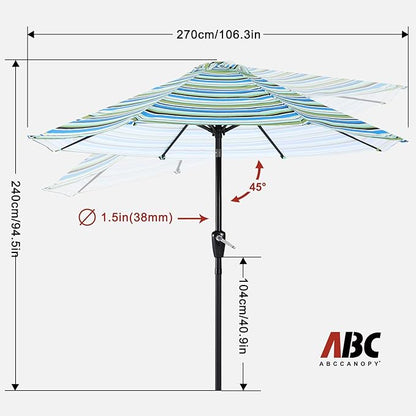 ABCCANOPY 9FT Patio Umbrella - Outdoor Waterproof Table Umbrella with Push Button Tilt and Crank, 8 Ribs UV Protection Pool Umbrella for Garden, Lawn, Deck & Backyard (Blue Green Stripes)