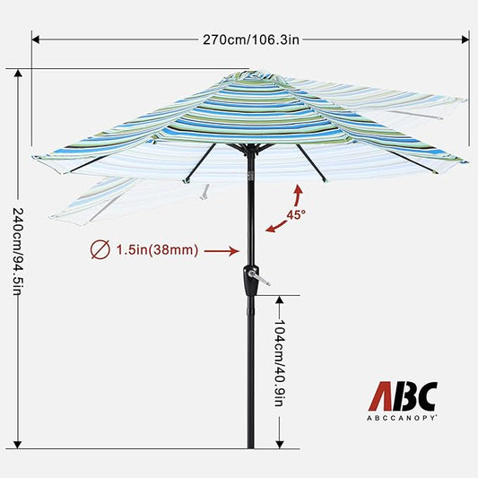 ABCCANOPY 9FT Patio Umbrella - Outdoor Waterproof Table Umbrella with Push Button Tilt and Crank, 8 Ribs UV Protection Pool Umbrella for Garden, Lawn, Deck & Backyard (Blue Green Stripes)