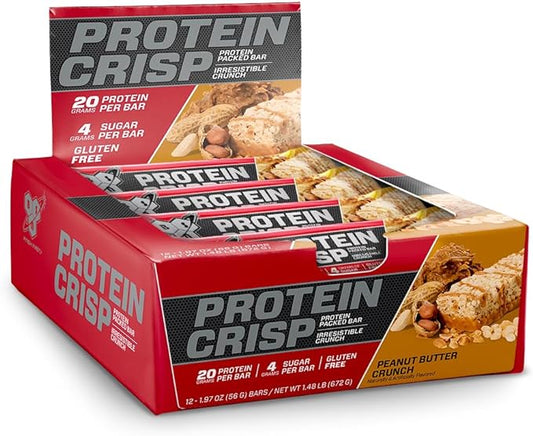 BSN Protein Crisp Bar, Protein Snack Bars, Crunch Bars with Whey Protein and Fiber, Gluten Free, Peanut Butter Crunch, 12 Count (Packaging May Vary)