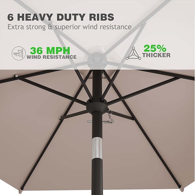 7.5FT Patio Umbrella Table Market Umbrella w/Tilt and Crank Heavy-Duty Round Outdoor Umbrellas for Garden, Deck, Backyard, Pool and Beach, Khaki