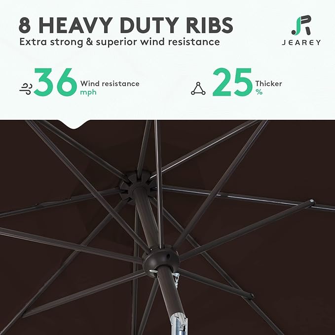JEAREY 9FT Outdoor Patio Umbrella Outdoor Table Umbrella with Push Button Tilt and Crank, Market Umbrella 8 Sturdy Ribs UV Protection Waterproof for Garden, Deck, Backyard, Pool (Brown)
