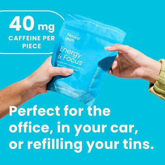 NeuroGum Energy Caffeine Gum (90 Pieces) - Sugar Free with L-theanine + Natural Caffeine + Vitamin B12 & B6 - Nootropic Energy & Focus Supplement for Women & Men - Keto & Vegan, Peppermint Flavor