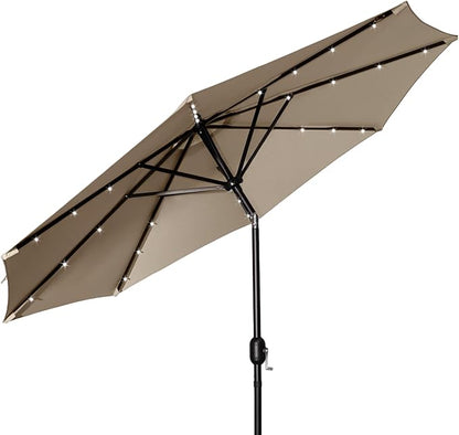 9FT LED Patio Umbrella, Solar Outdoor Umbrellas with LED Lights, Deck Umbrella with Push Button Tilt and Crank, UV Protection Waterproof for Pool, Porch, Garden, Deck, Backyard. (TAN)