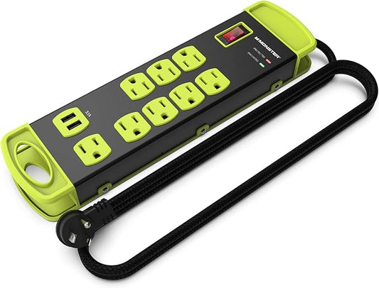 Monster Workshop Heavy-Duty Garage Power Strip Surge Protector - Mountable Heavy-Duty Wide-Spaced 8 Grounded AC & 2 USB-A Outlets with 14ft Angled Flat Plug - 1200 Joules - ETL Listed Black