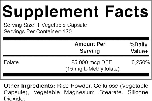 Vitamatic Methyl Folate 15mg - 120 Vegetable Capsules - Optimized and Activated High Potency - Metabolically Active Folate