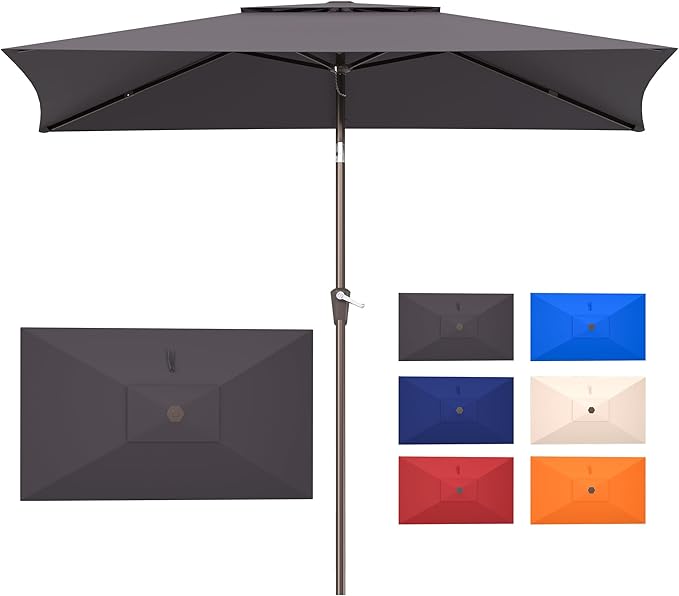 6.6x10ft Rectangular Patio Umbrella, 2 Tiers Outdoor Table Umbrellas with Push Button Tilt and Crank for Patio, Pool, Backyard, Deck, Picnic, Yard (Grey)