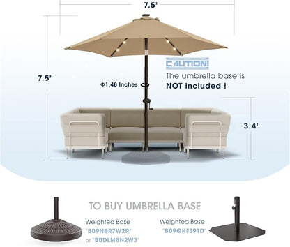 wikiwiki 7.5ft Solar Led Patio Umbrella, Sturdy Outdoor Market Umbrella for Deck, Pool, Garden w/Tilt, Crank, 18 LED Lights, Tan