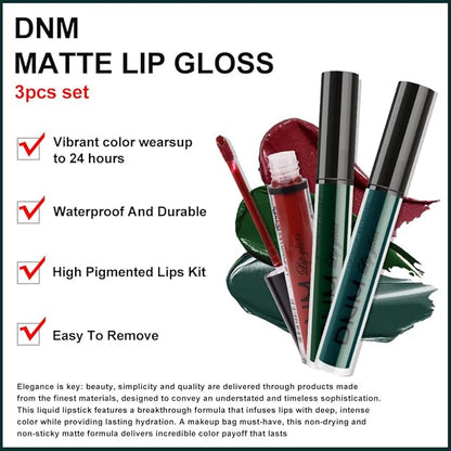 evpct 3Pcs Dark Color Colored Red Emerald Green Matte Liquid Lipstick Make up Set 24 Hour Long Lasting Waterproof Smudge Proof Deep red Green Liquid Lipstick Matte Lip Stain Gloss Liner Kit 8