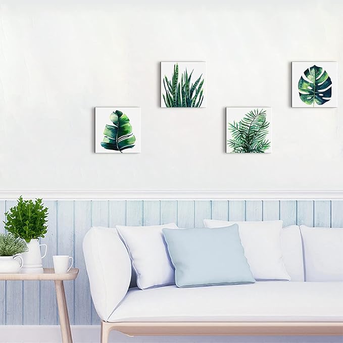 Nature Wall Art Green Plant Wall Decor Tropical Botanical Leaves Pictures Canvas Prints Bedroom Minimalist Boho Sage Monstera Leaf Painting Artwork for Bathroom Living Room Home Decorations 8x8” 4 Pcs