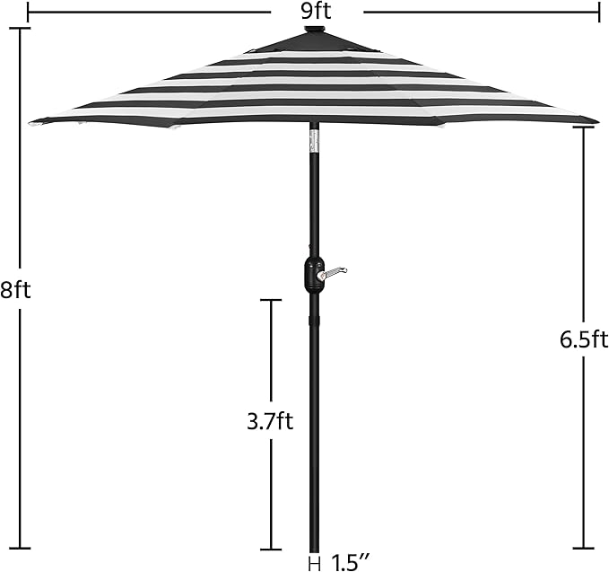 Yaheetech 9FT Solar Patio Umbrella 32 LED Lighted Table Umbrella with 8 Ribs/Tilt & Crank Lift System for Garden/Lawn/Deck/Backyard/Pool, Black/White