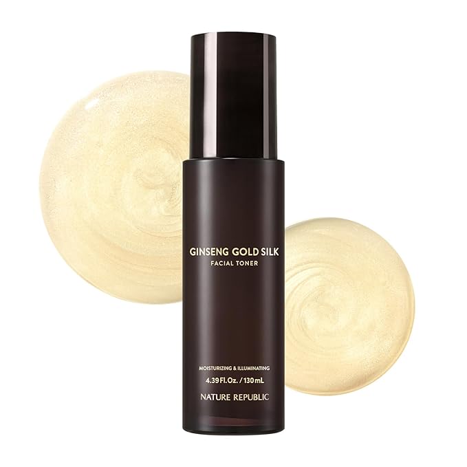 Nature Republic Ginseng Gold Silk Facial Toner, Hydrating Glow Toner for face, Niacinamide & Silk Amino Acid, Royal Jelly Extract, Korean Skin Care for All Skin Types 130 ml / 4.39 Fl. oz.