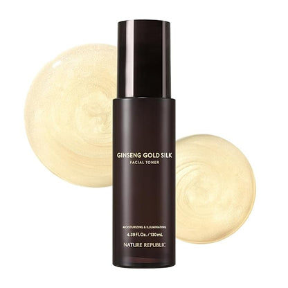 Nature Republic Ginseng Gold Silk Facial Toner, Hydrating Glow Toner for face, Niacinamide & Silk Amino Acid, Royal Jelly Extract, Korean Skin Care for All Skin Types 130 ml / 4.39 Fl. oz.
