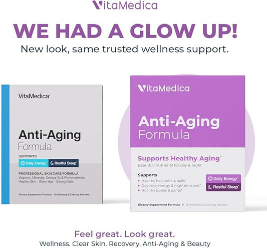 VitaMedica Anti-Aging Formula 4-in-1 Health and Beauty Supplement | Anti Aging Supplement for Women and Men | Healthy Hair, Skin, and Nails | Natural Energy & Restful Sleep | 30 AM & PM Packets