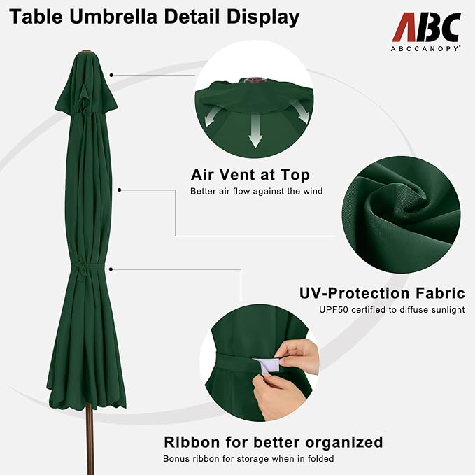 ABCCANOPY 7.5ft Patio Umbrella, Outdoor Table Umbrella with Push Button Tilt and Crank, Market Umbrella for Patio Pool Garden Deck (Green)