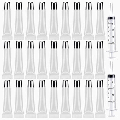 50PCS Lip Gloss Tubes 15ml Silver Cap Lip Gloss Containers Empty Lip Balm Tubes Refillable Cosmetic Squeeze Lipgloss Tubes + 2 x 20ml Syringes Tag Labels Stickers for DIY Lip Gloss Base Glitter