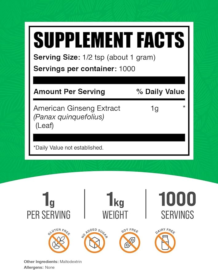 BulkSupplements.com American Ginseng Extract Powder - Ginseng Supplement, Herbal Supplements - Gluten Free, 1g per Serving, 1kg (2.2 lbs) (Pack of 1)