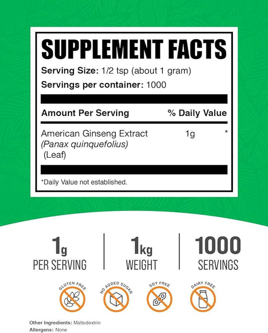 BulkSupplements.com American Ginseng Extract Powder - Ginseng Supplement, Herbal Supplements - Gluten Free, 1g per Serving, 5kg (11 lbs) (Pack of 5)