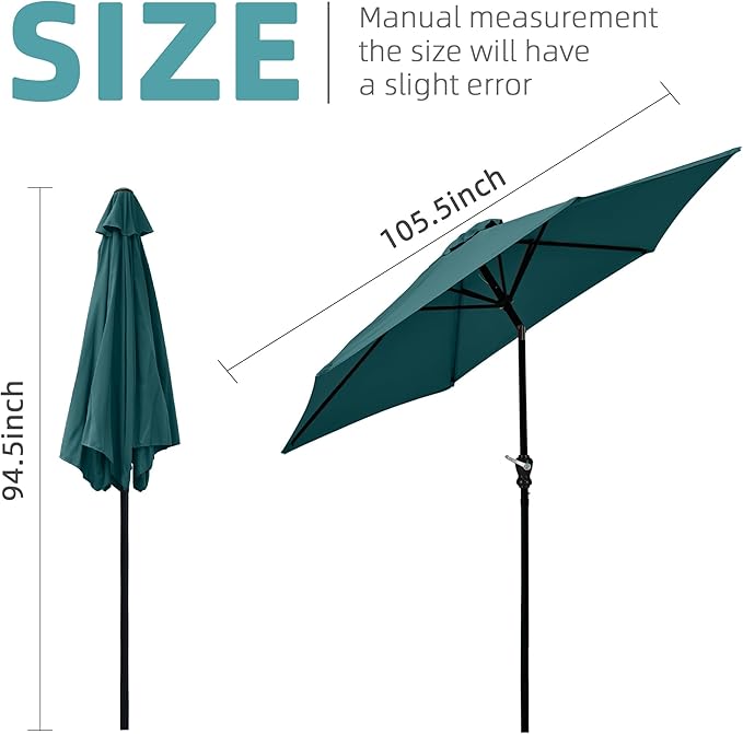 9FT Outdoor Patio Umbrella with Push Button Tilt and Crank, Beach Umbrella for Sun Shades, Market Umbrella with 6 Sturdy Metal Ribs, UV Resistant Waterproof for Garden, Backyard, Deck, Pool