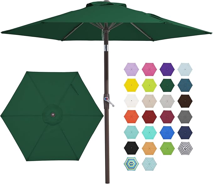JEAREY 7.5FT Patio Umbrella Market Table Umbrella with 6 Sturdy Ribs, Push Button Tilt/Crank Outdoor Umbrella for Garden, Deck, Backyard, Pool and Beach,Dark Green